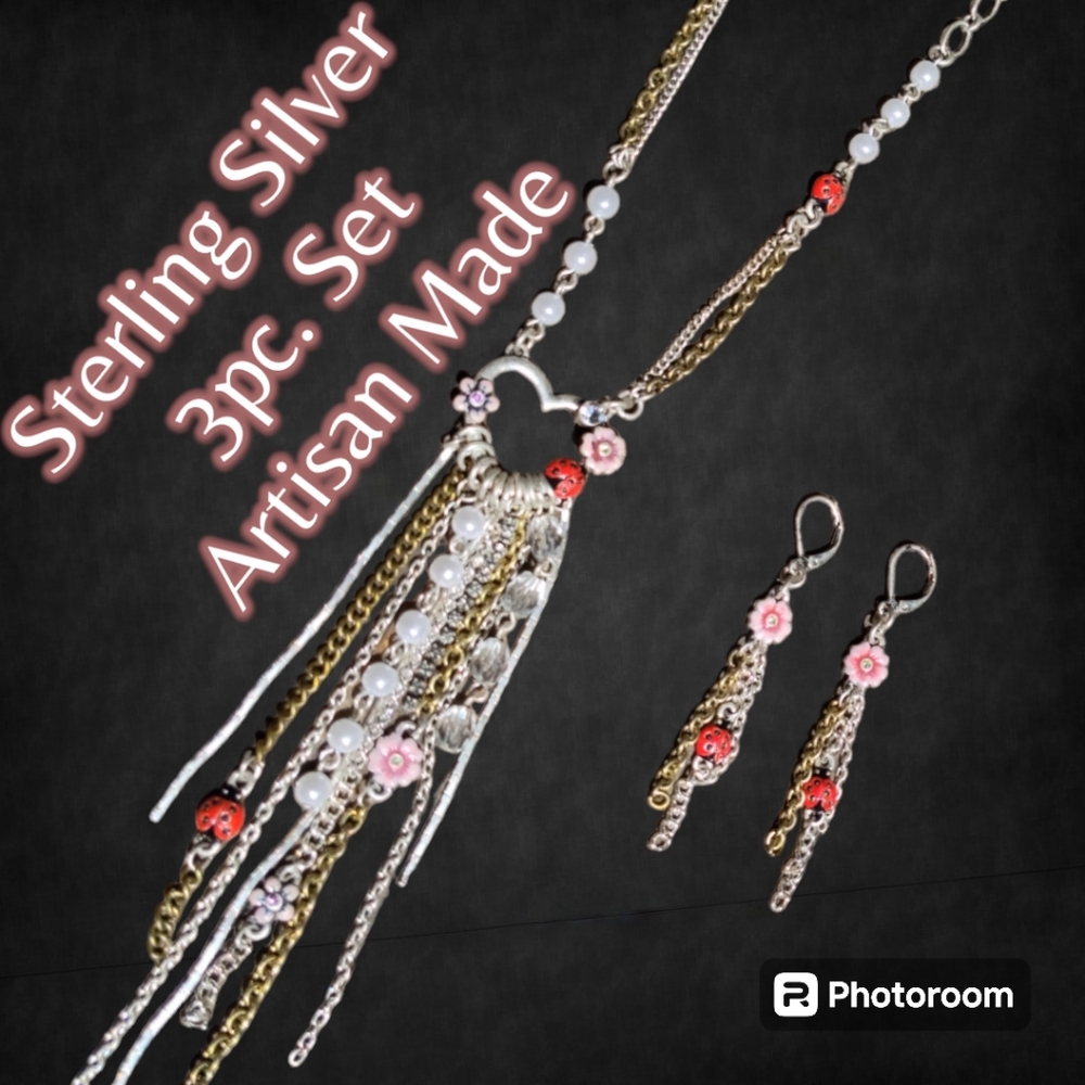 Final SaLe UNIQUE OOAK .925 Necklace Earring Set Ladybug Floral “Garden of Joy”